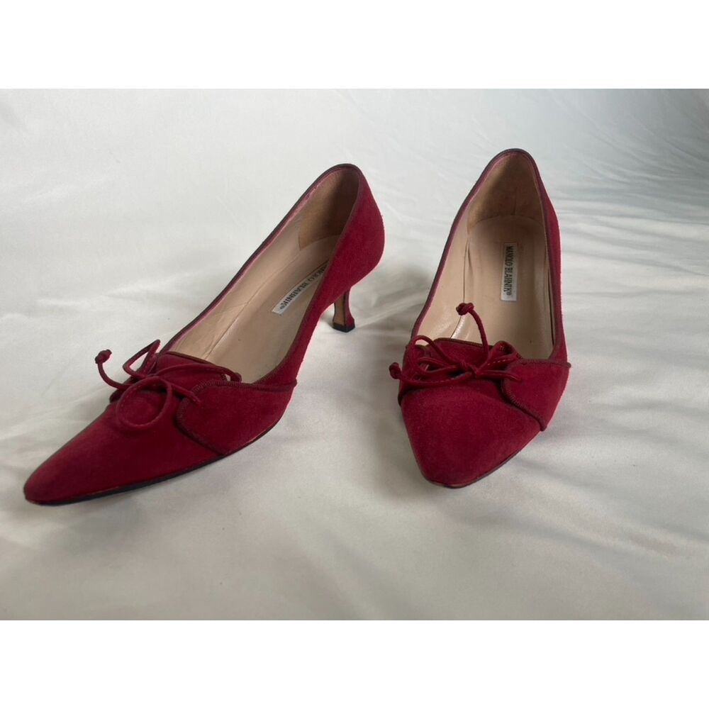 Manolo Blahnik Red Suede Pointed Toe Pumps with Bow